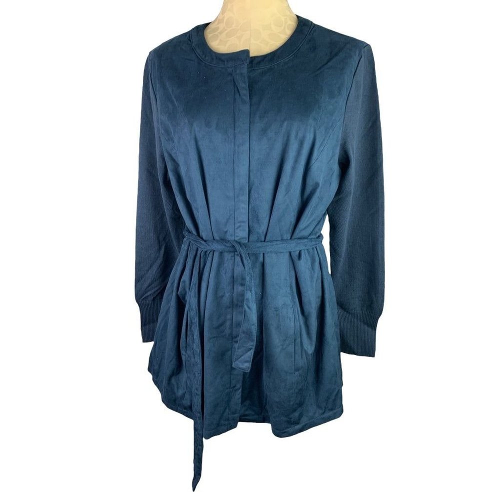 16 H by Halston Women's Navy Blue Faux Suede Belted Dress Knit Sleeves Lined